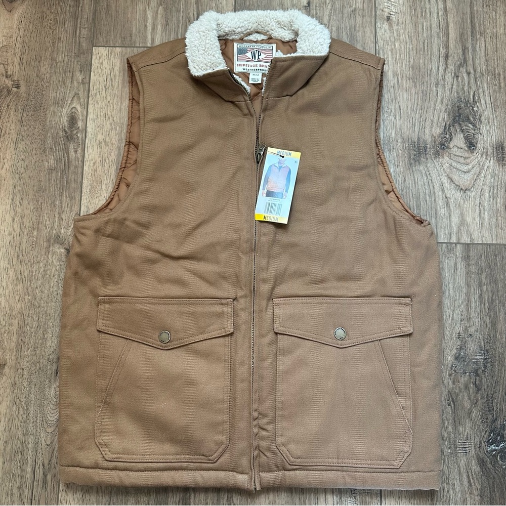 NWT! Weatherproof Men's Brown Sherpa-Lined Vest, WP Workwear, Tan, Pockets, M